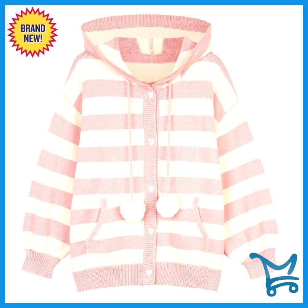 Medium Cotton Cardigan with Removable Pom Poms, Striped Hooded Sweater